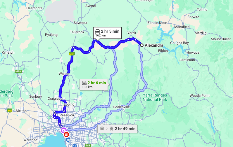 Distance between Melbourne and Alexandra